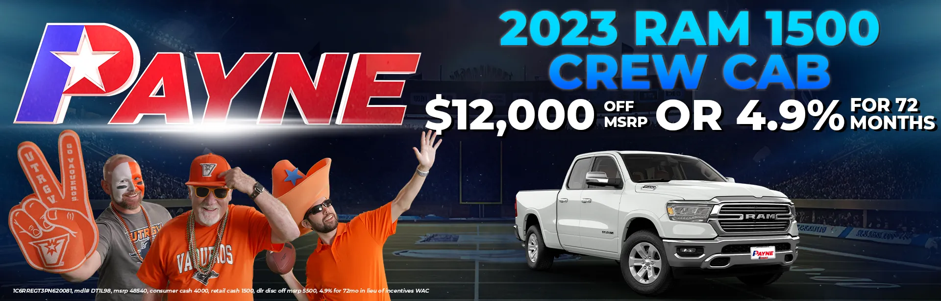 $12,000 off MSRP or 4.9% for 72 months on 2023 RAM 1500 Crew Cab